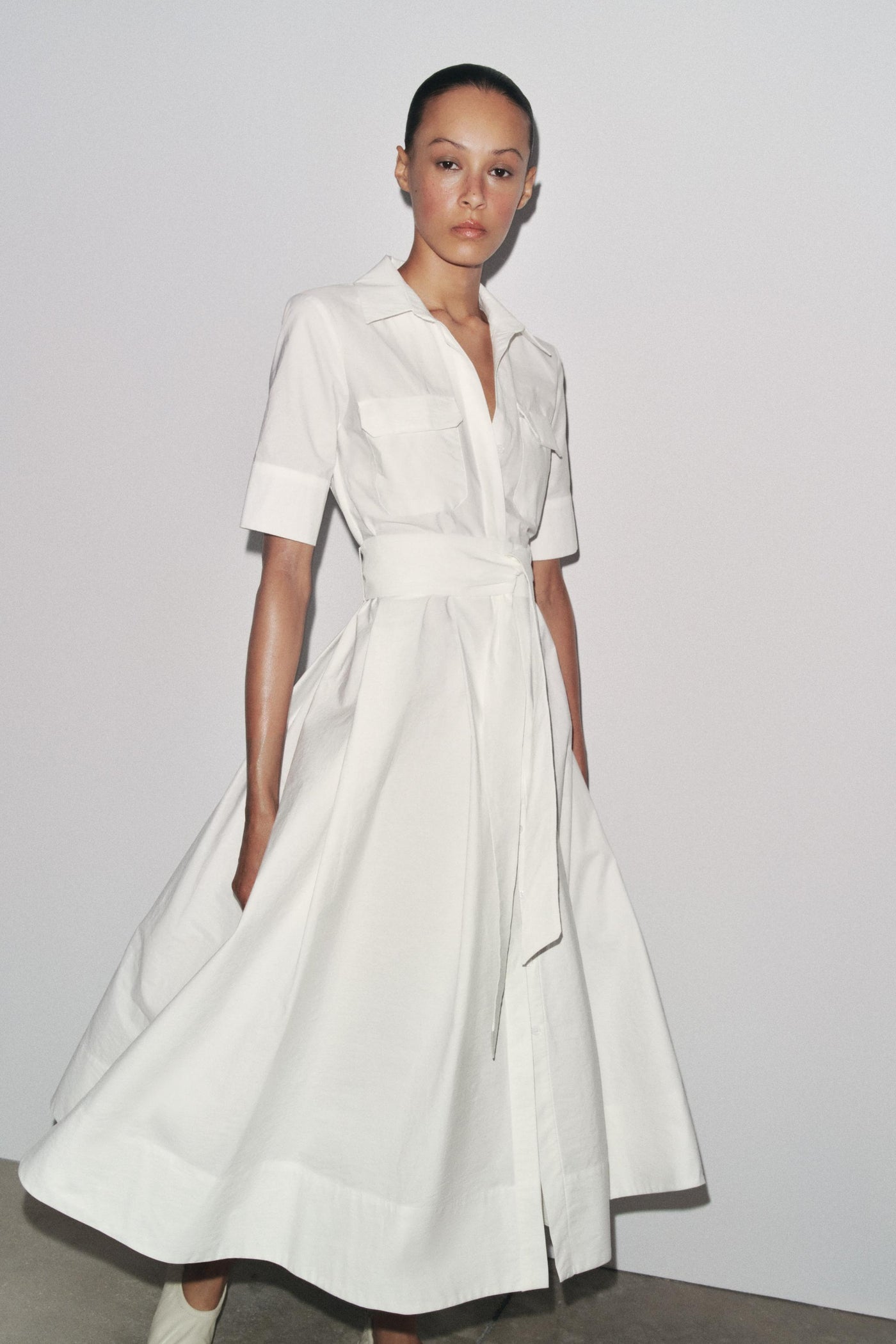 Talia™ | Belted Poplin Midi Dress