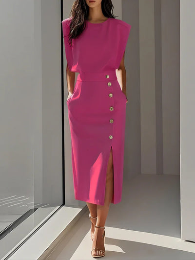 Malene™ | Solides Midikleid mit Knopfschlitz und Rundhalsausschnitt