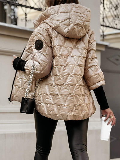 Damenjacke aus Baumwolle mit Kapuze und langen Ärmeln – perfekt für Herbst und Winter, mit diamantförmigem Patchwork-Design.