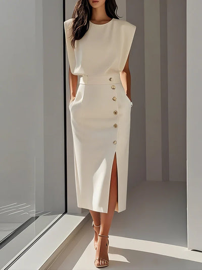 Malene™ | Solides Midikleid mit Knopfschlitz und Rundhalsausschnitt