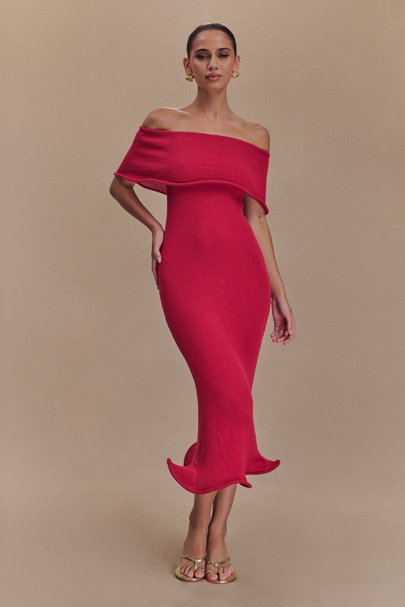 Rhea™ | Off-Shoulder Knit Midi Dress