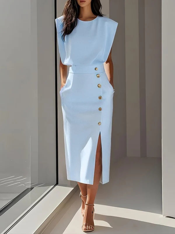 Malene™ | Solides Midikleid mit Knopfschlitz und Rundhalsausschnitt