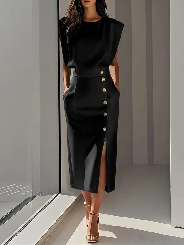 Malene™ | Solides Midikleid mit Knopfschlitz und Rundhalsausschnitt