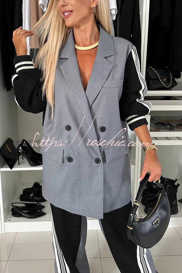 Pleasant Breathe Sweatshirt Patchwork Oversized Blazer and Elastic Waist Pocket Loose Pants Set