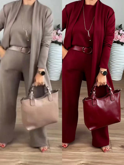 Elegantes 3-teiliges Set mit langer Strickjacke, Top und Hose
