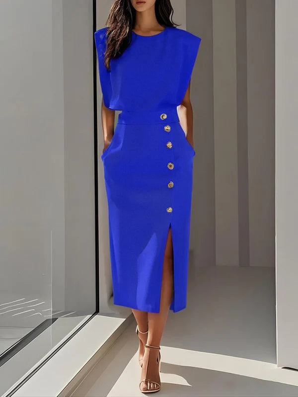 Malene™ | Solides Midikleid mit Knopfschlitz und Rundhalsausschnitt