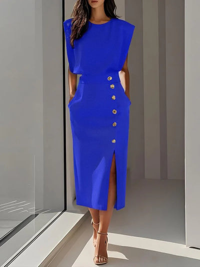 Malene™ | Solides Midikleid mit Knopfschlitz und Rundhalsausschnitt