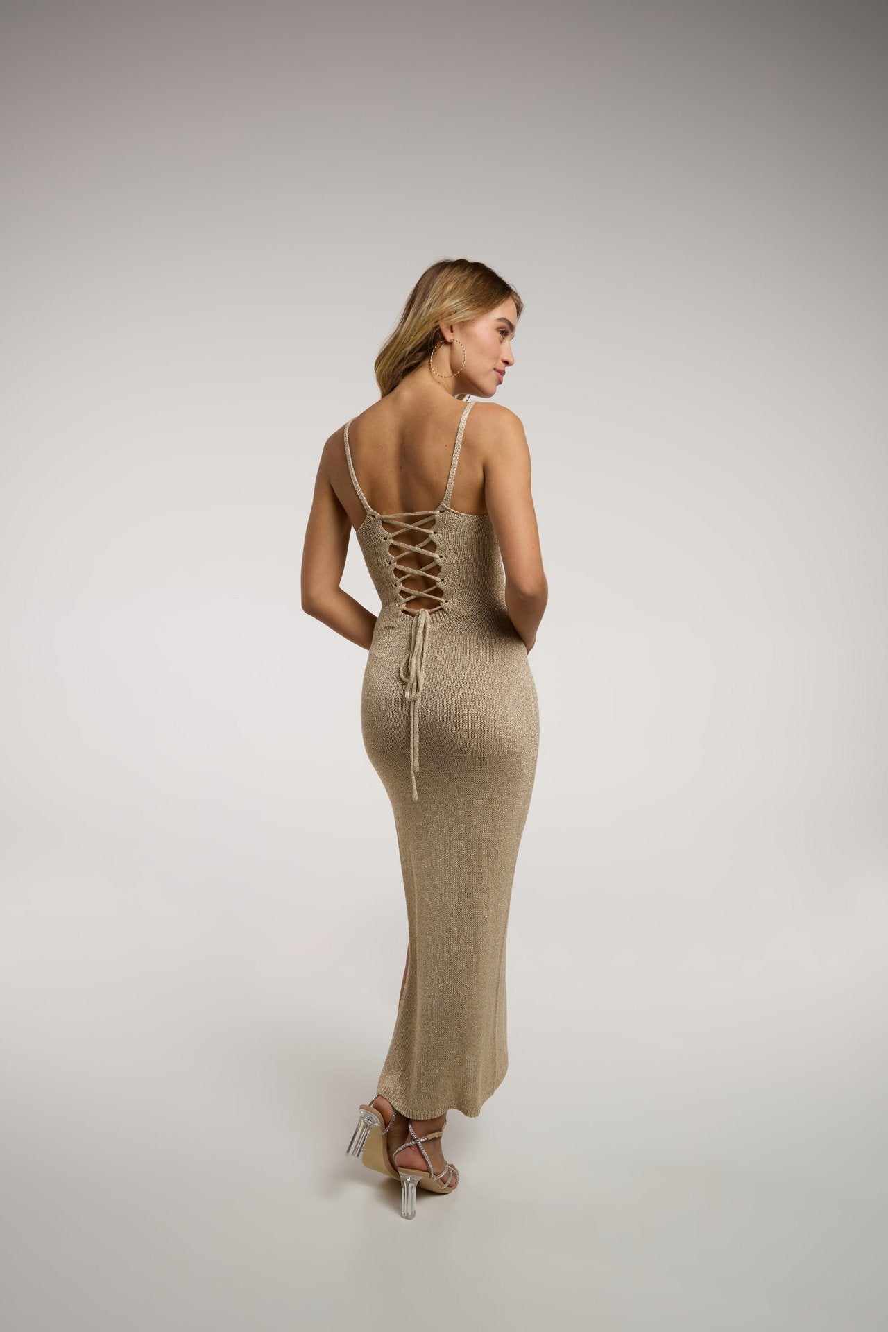 Soraya™ | Lace-Up Glitter Maxi Dress