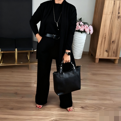 Elegantes 3-teiliges Set mit langer Strickjacke, Top und Hose