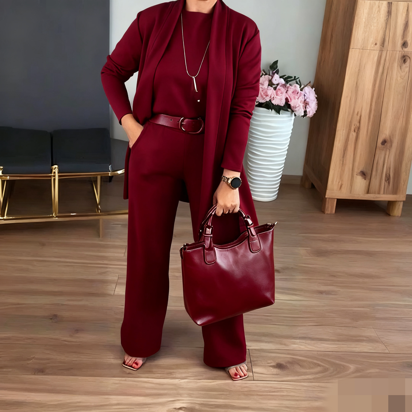 Elegantes 3-teiliges Set mit langer Strickjacke, Top und Hose