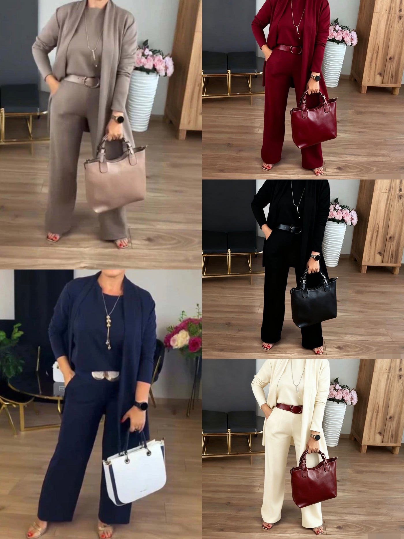 Elegantes 3-teiliges Set mit langer Strickjacke, Top und Hose