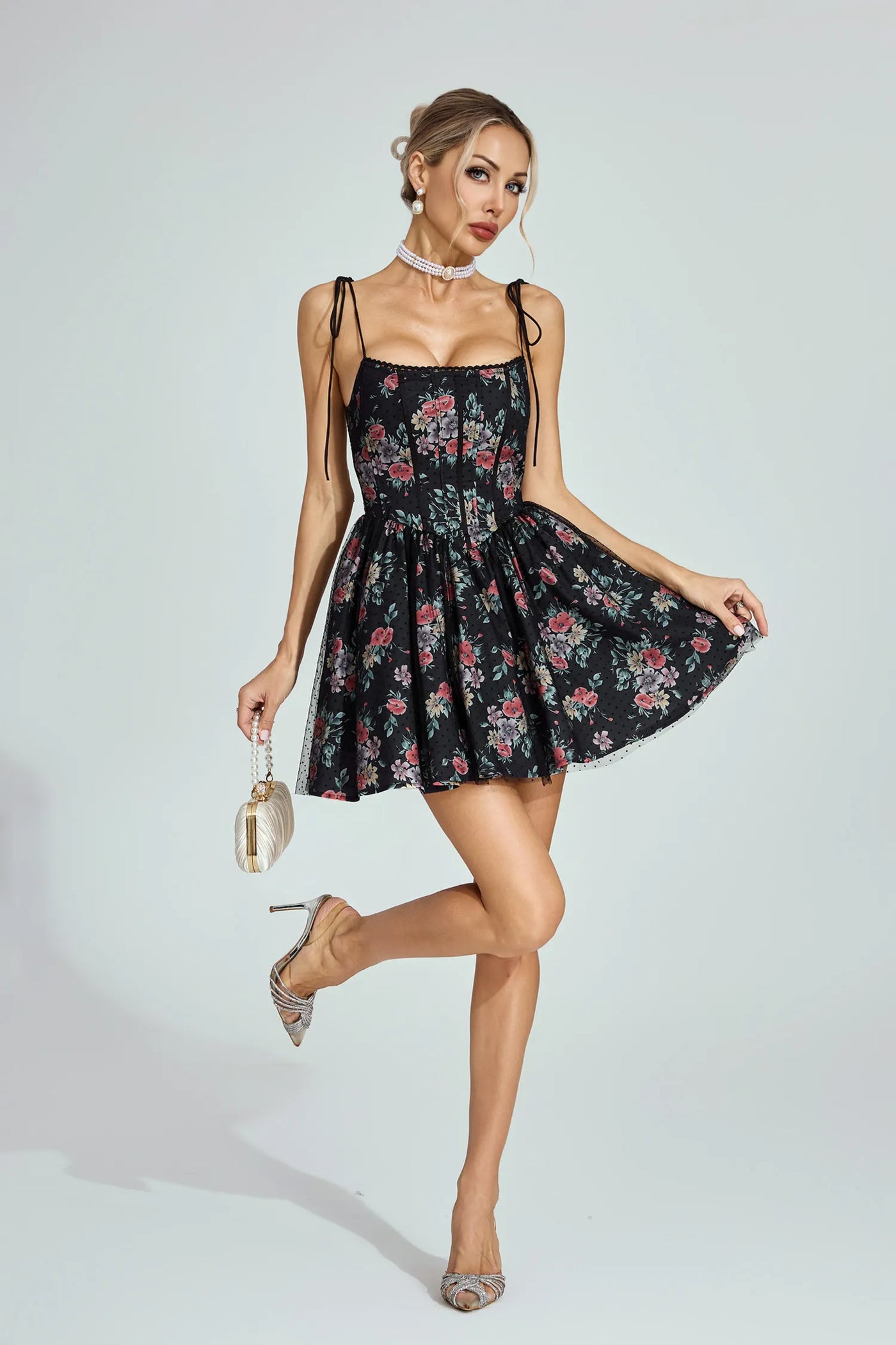 Johnson Black Floral Tüll-Minikleid