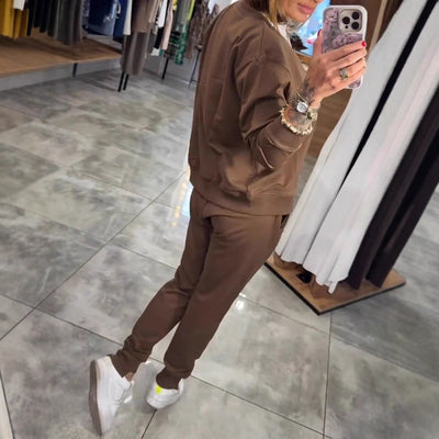 Zweiteiliges Damen-Loungewear-Set in Braun – Sweatjacke & Jogginghose