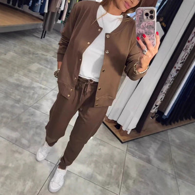 Zweiteiliges Damen-Loungewear-Set in Braun – Sweatjacke & Jogginghose