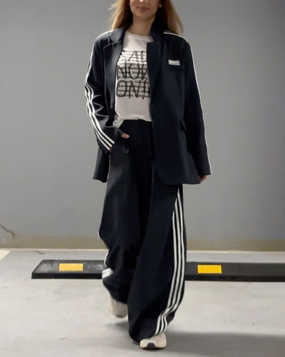Fashionable Striped Blazer & Wide Leg Pants Two-Piece Set