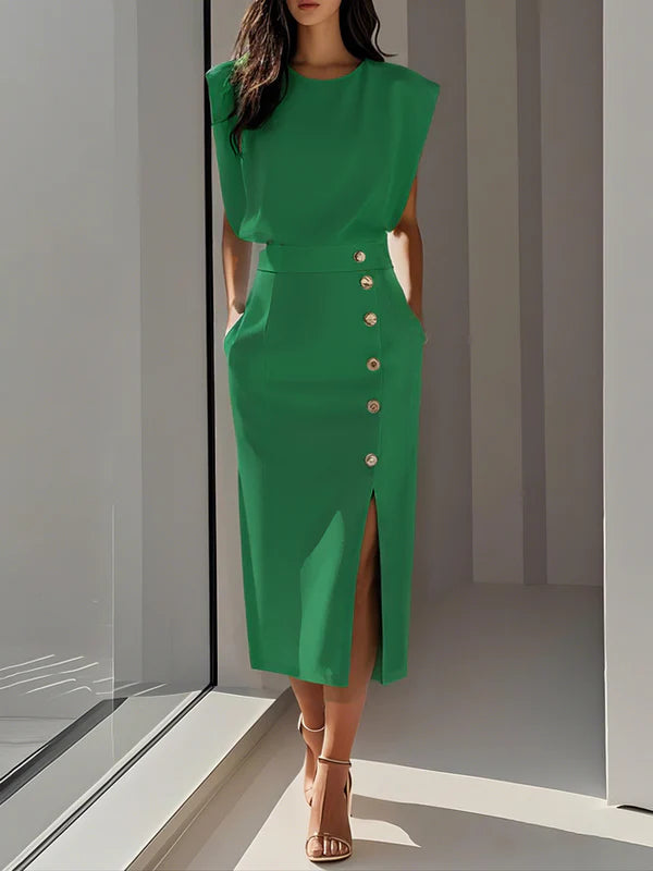 Malene™ | Solides Midikleid mit Knopfschlitz und Rundhalsausschnitt