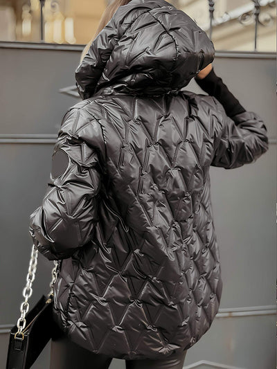 Damenjacke aus Baumwolle mit Kapuze und langen Ärmeln – perfekt für Herbst und Winter, mit diamantförmigem Patchwork-Design.