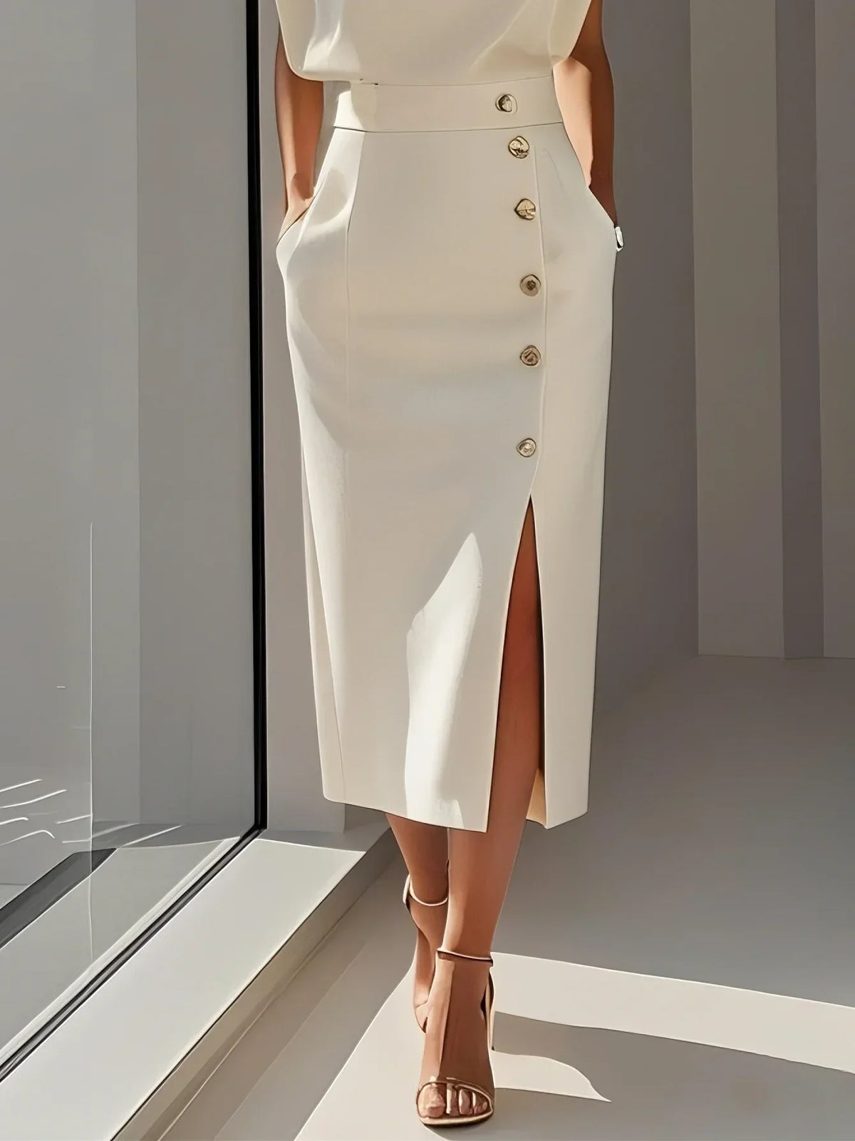 Malene™ | Solides Midikleid mit Knopfschlitz und Rundhalsausschnitt