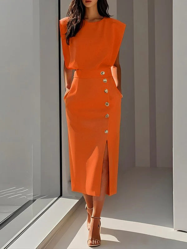 Malene™ | Solides Midikleid mit Knopfschlitz und Rundhalsausschnitt
