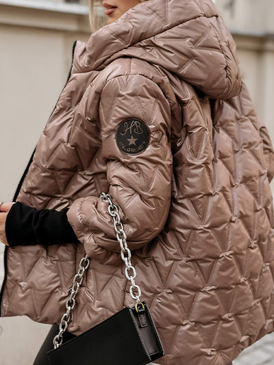 Damenjacke aus Baumwolle mit Kapuze und langen Ärmeln – perfekt für Herbst und Winter, mit diamantförmigem Patchwork-Design.