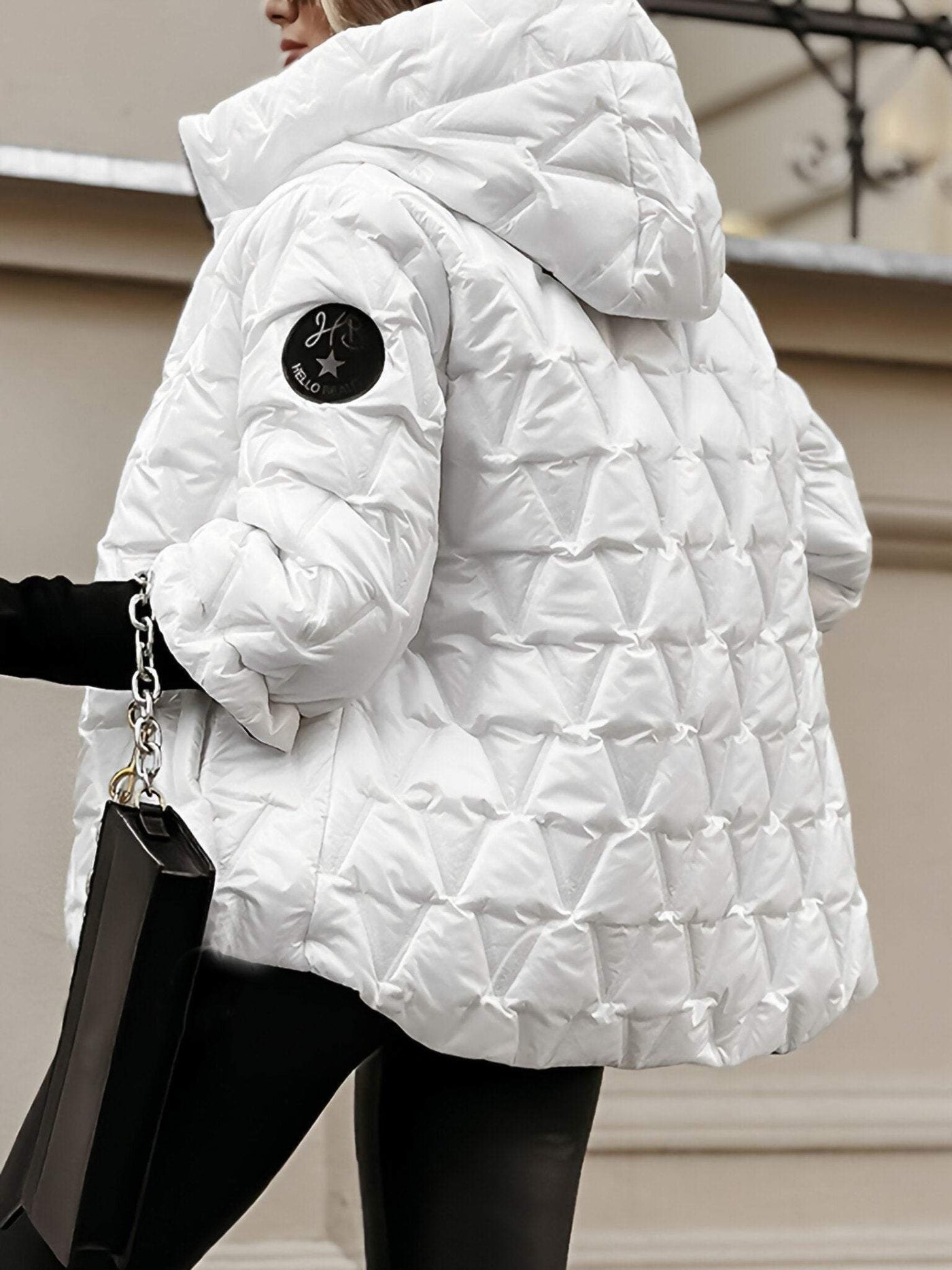 Damenjacke aus Baumwolle mit Kapuze und langen Ärmeln – perfekt für Herbst und Winter, mit diamantförmigem Patchwork-Design.