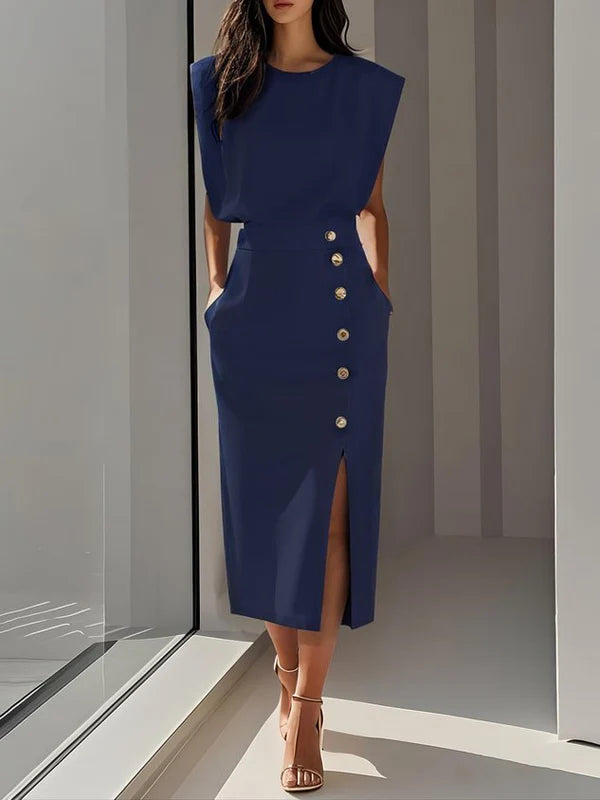 Malene™ | Solides Midikleid mit Knopfschlitz und Rundhalsausschnitt
