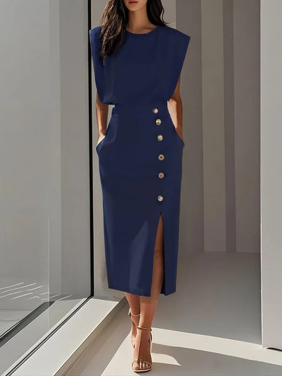 Malene™ | Solides Midikleid mit Knopfschlitz und Rundhalsausschnitt