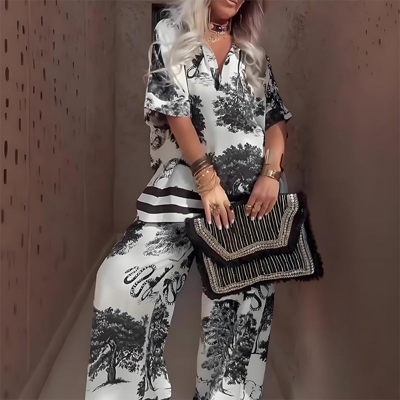 Bedrucktes Top mit V-Ausschnitt + Lange Hose