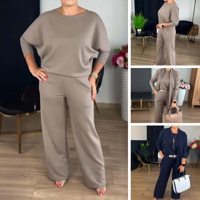 Elegantes 3-teiliges Set mit langer Strickjacke, Top und Hose