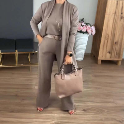 Elegantes 3-teiliges Set mit langer Strickjacke, Top und Hose