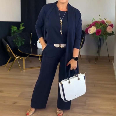 Elegantes 3-teiliges Set mit langer Strickjacke, Top und Hose
