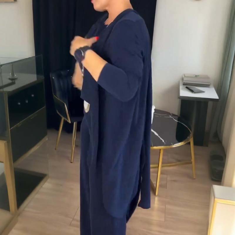 Elegantes 3-teiliges Set mit langer Strickjacke, Top und Hose