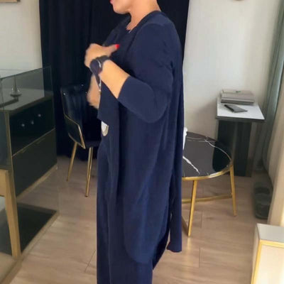 Elegantes 3-teiliges Set mit langer Strickjacke, Top und Hose